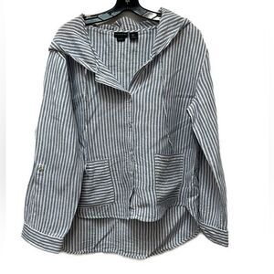 Tahari Blue Stripe Linen Spring Jacket Roll Tab Sleeves Size L